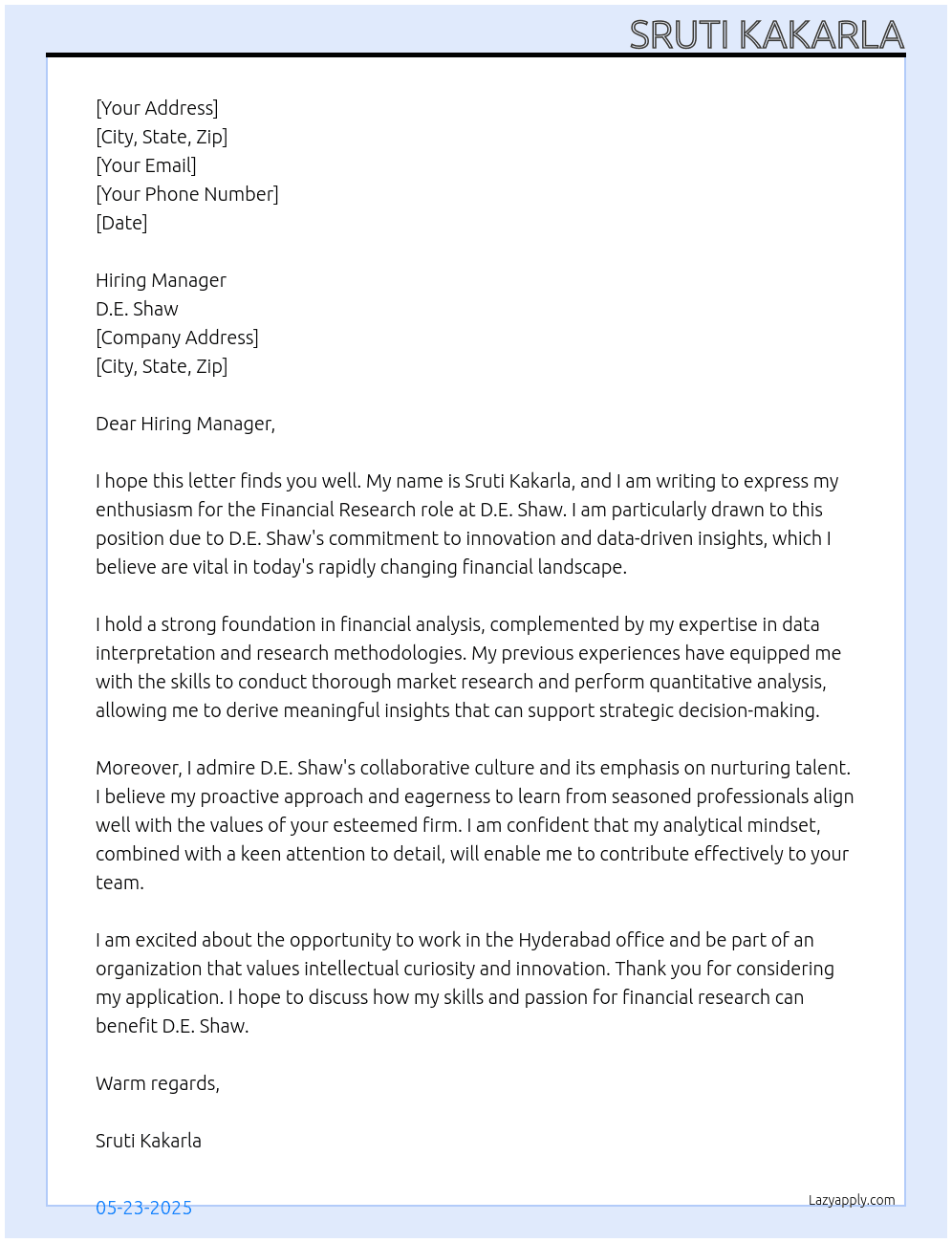 Cover letter for financial research role - LazyApply