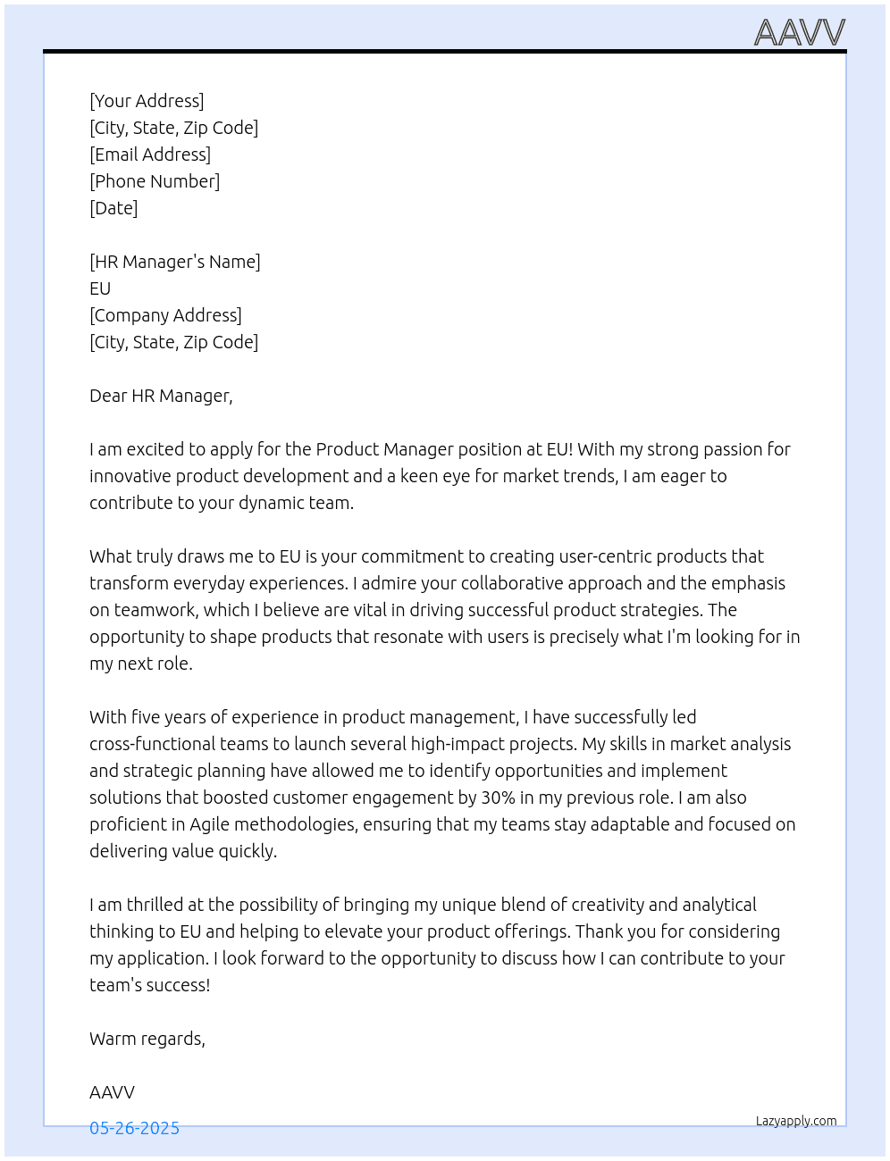 product manager At EU Cover Letter