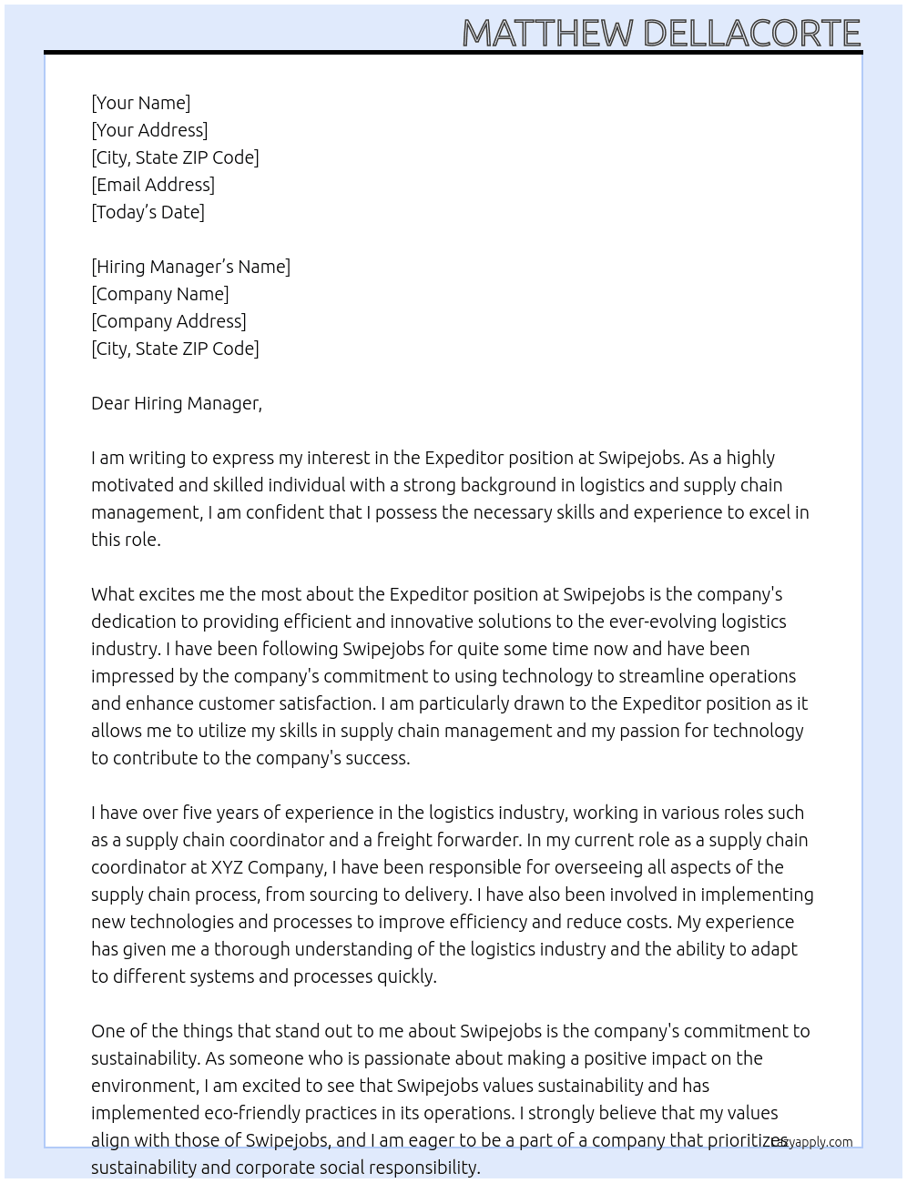 Expeditor At Swipejobs Cover Letter