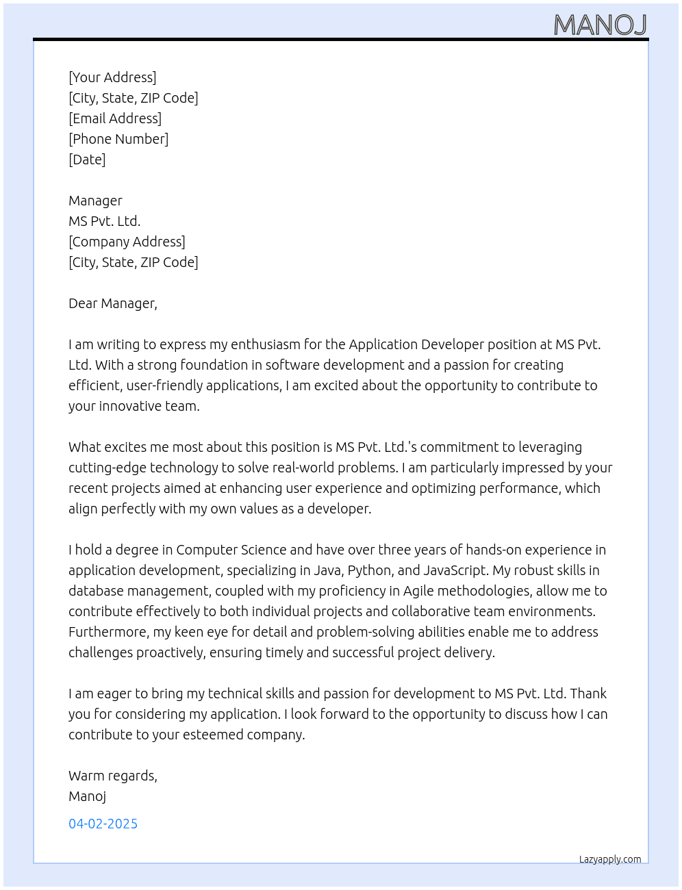 Application Developer At MS Pvt.Ltd Cover Letter