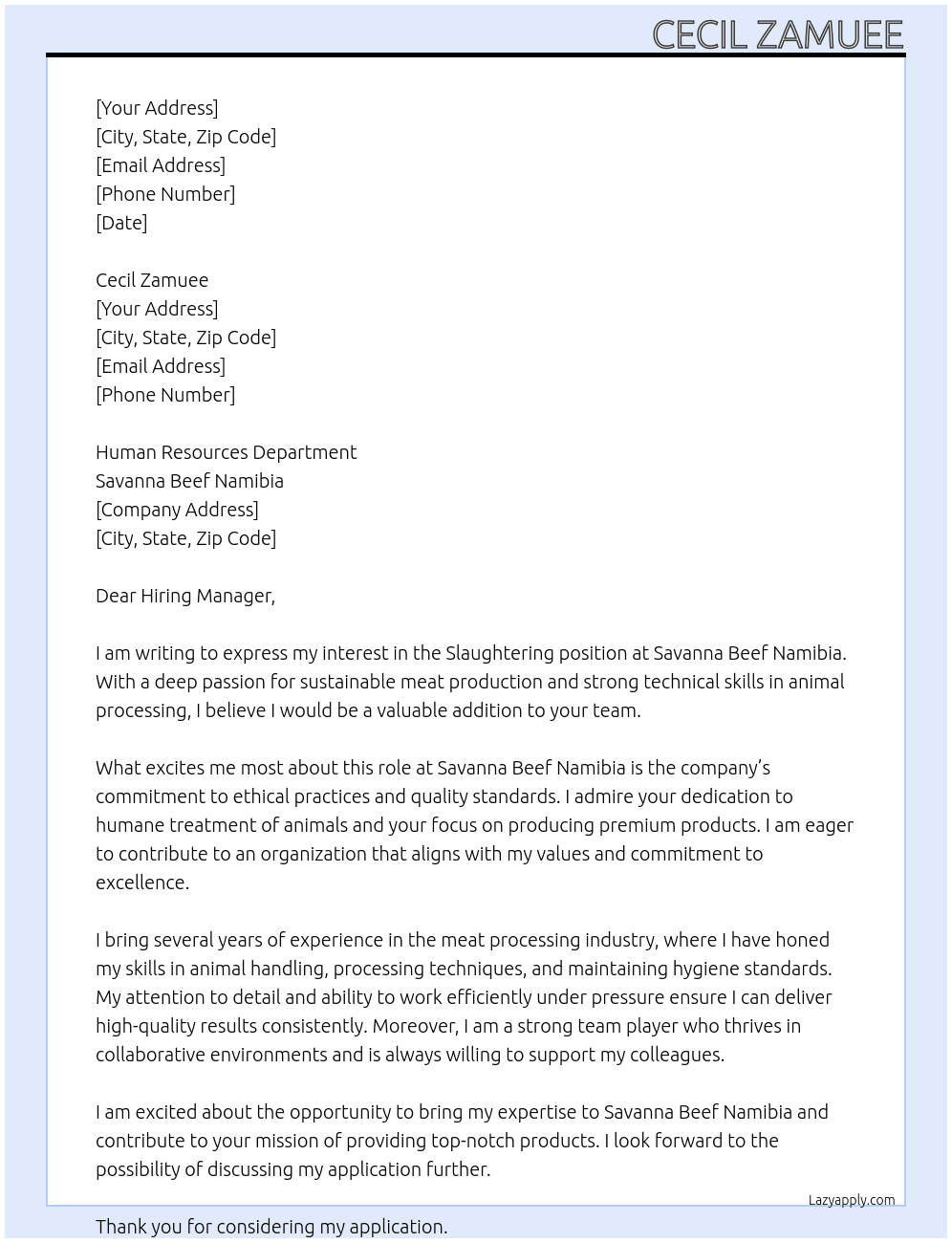 Slaughtering At Savanna Beef Namibia Cover Letter