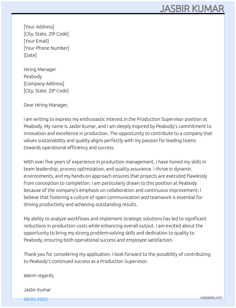 Production supervisor  At Peabody  Cover Letter