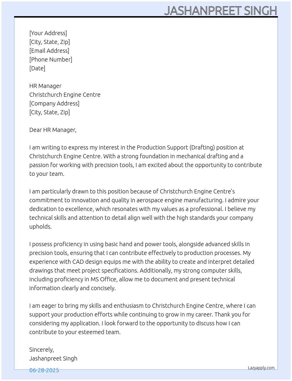 Production Support (Drafting) At Christchurch Engine Centre Cover Letter