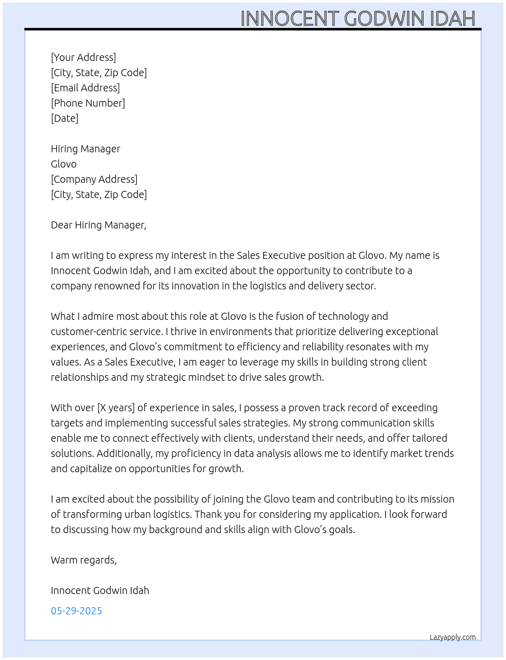 Sales Executive At Glovo Cover Letter