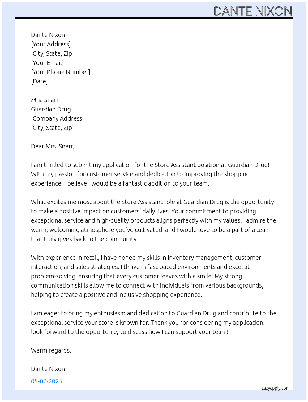 store assistant At Guardian Drug Cover Letter
