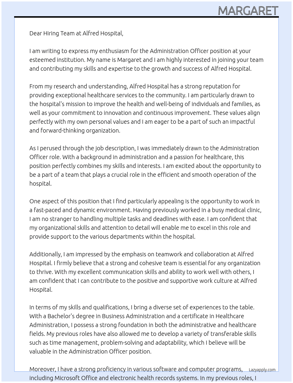 administration offcer At alfred hospital Cover Letter