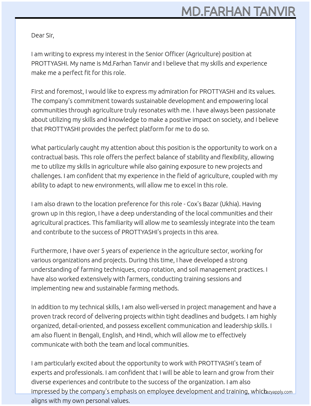 Senior Officer (Agriculture) At PROTTYASHI Cover Letter