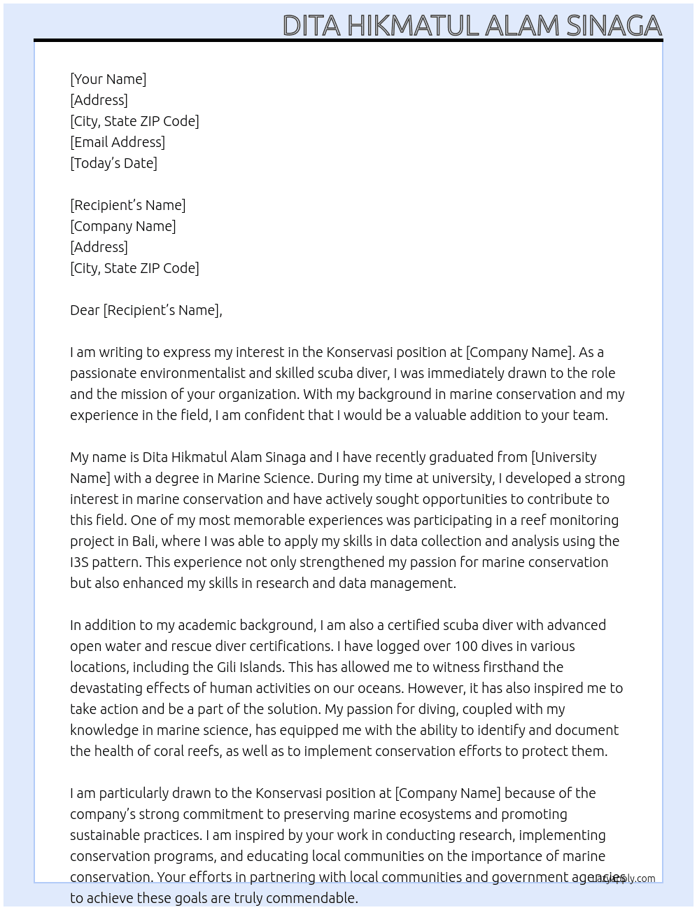 Cover letter for konservasi - LazyApply