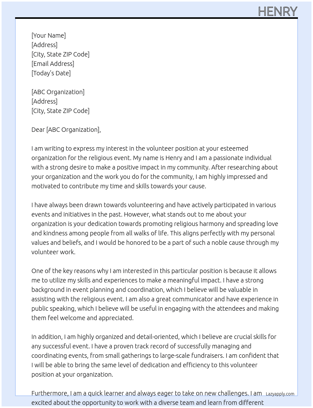 volunteer At religious event Cover Letter