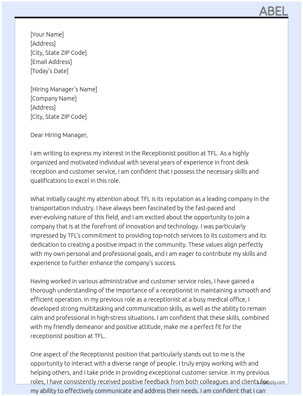 Receptionist At TFL  Cover Letter