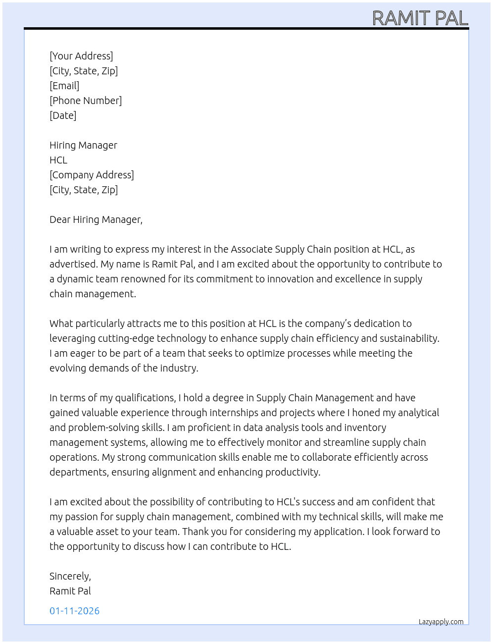 Cover letter for associate supply chain - LazyApply