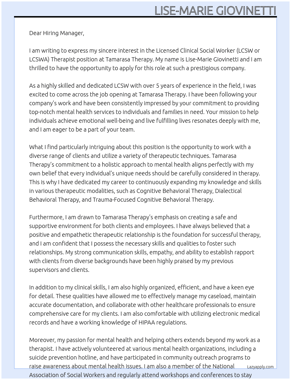Licensed Clinical Social Worker (LCSW or LCSWA) Therapist At Tamarasa Therapy Cover Letter