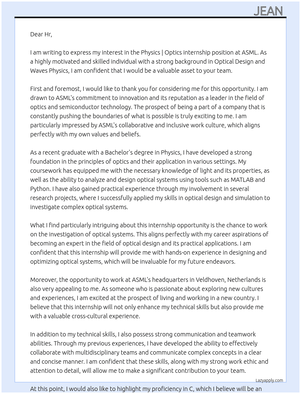 Cover letter for physics | optics internship: investigation of optical systems - LazyApply