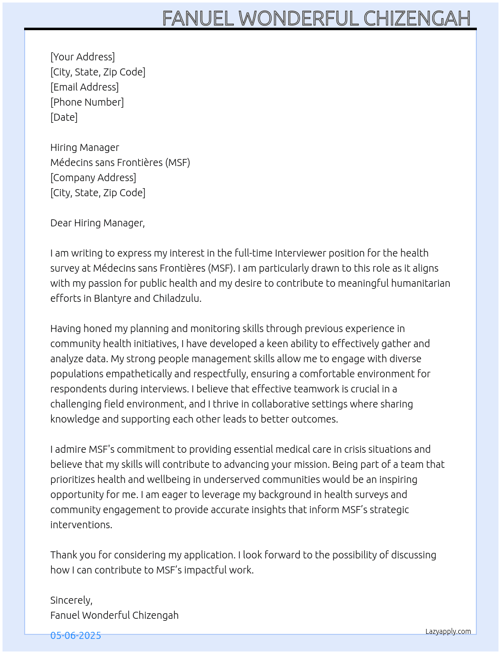 Cover letter for interviewers for a health survey - LazyApply