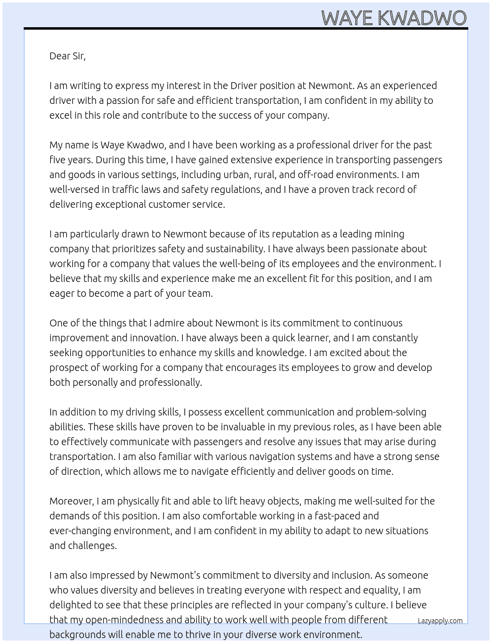 Driver At Newmont Cover Letter