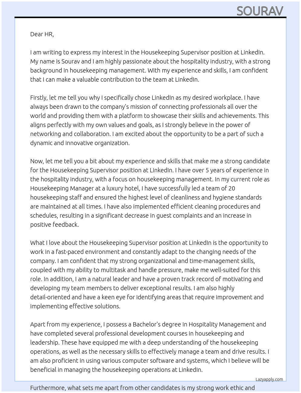 Housekeeping supervisor At LinkedIn Cover Letter