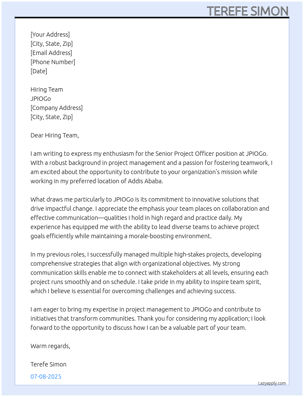 Senior Project Officer At JPIOGo Cover Letter