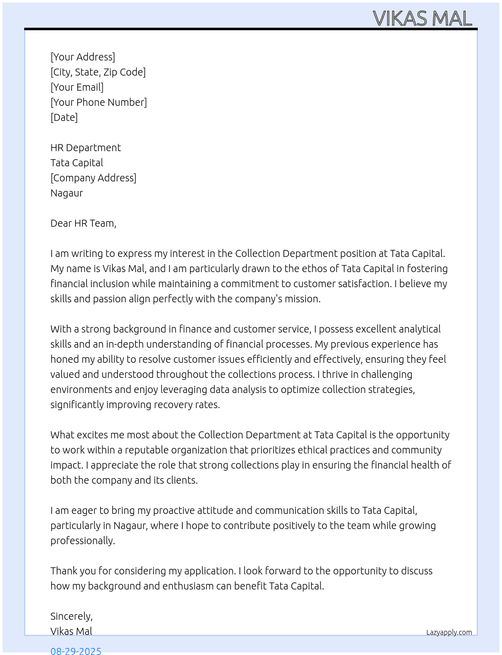 Collection department  At Tata capital  Cover Letter