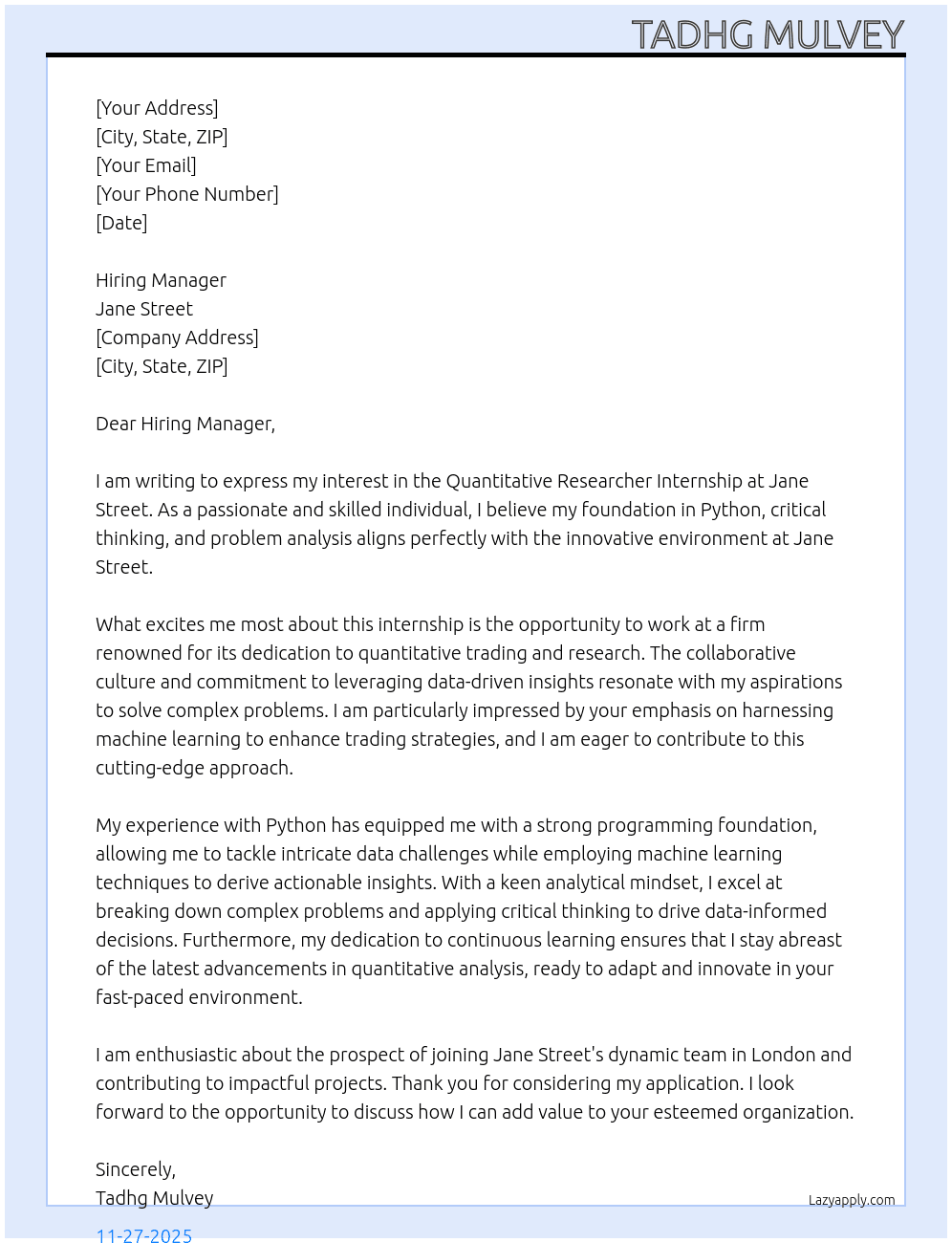 Cover letter for quantitative researcher internship - LazyApply