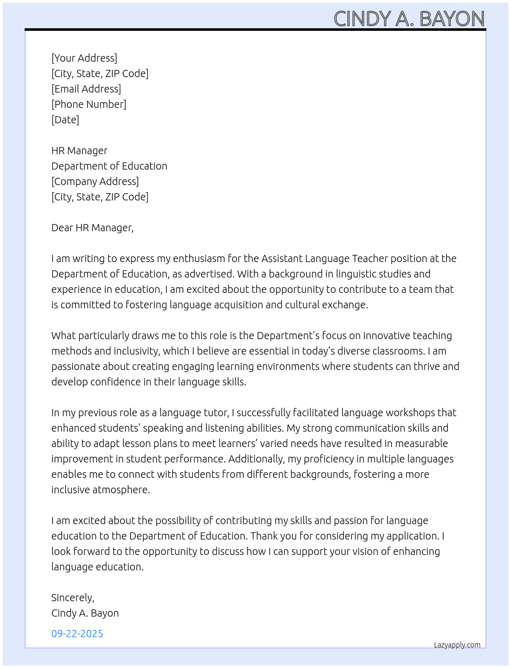 assistant Language teacher At Department of Education Cover Letter