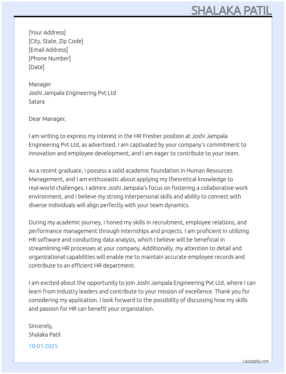 Hr Fresher At joshijampala engineering pvt ltd satara Cover Letter