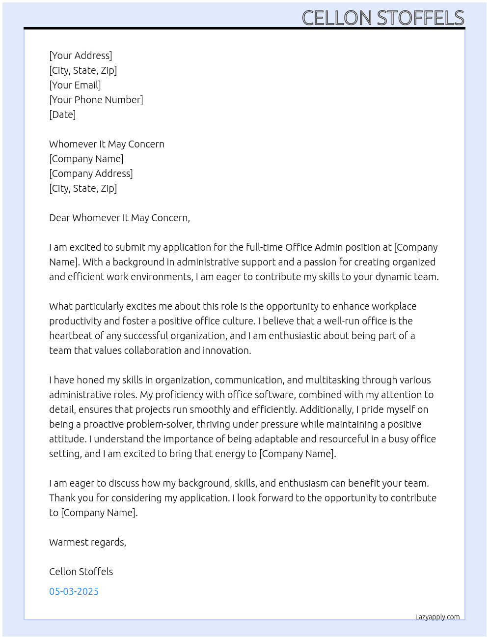 office admin At any Cover Letter