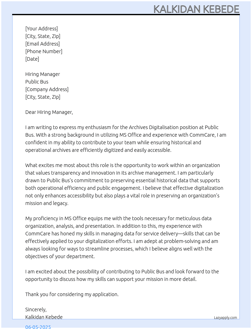 Cover letter for archives digitalisation - LazyApply