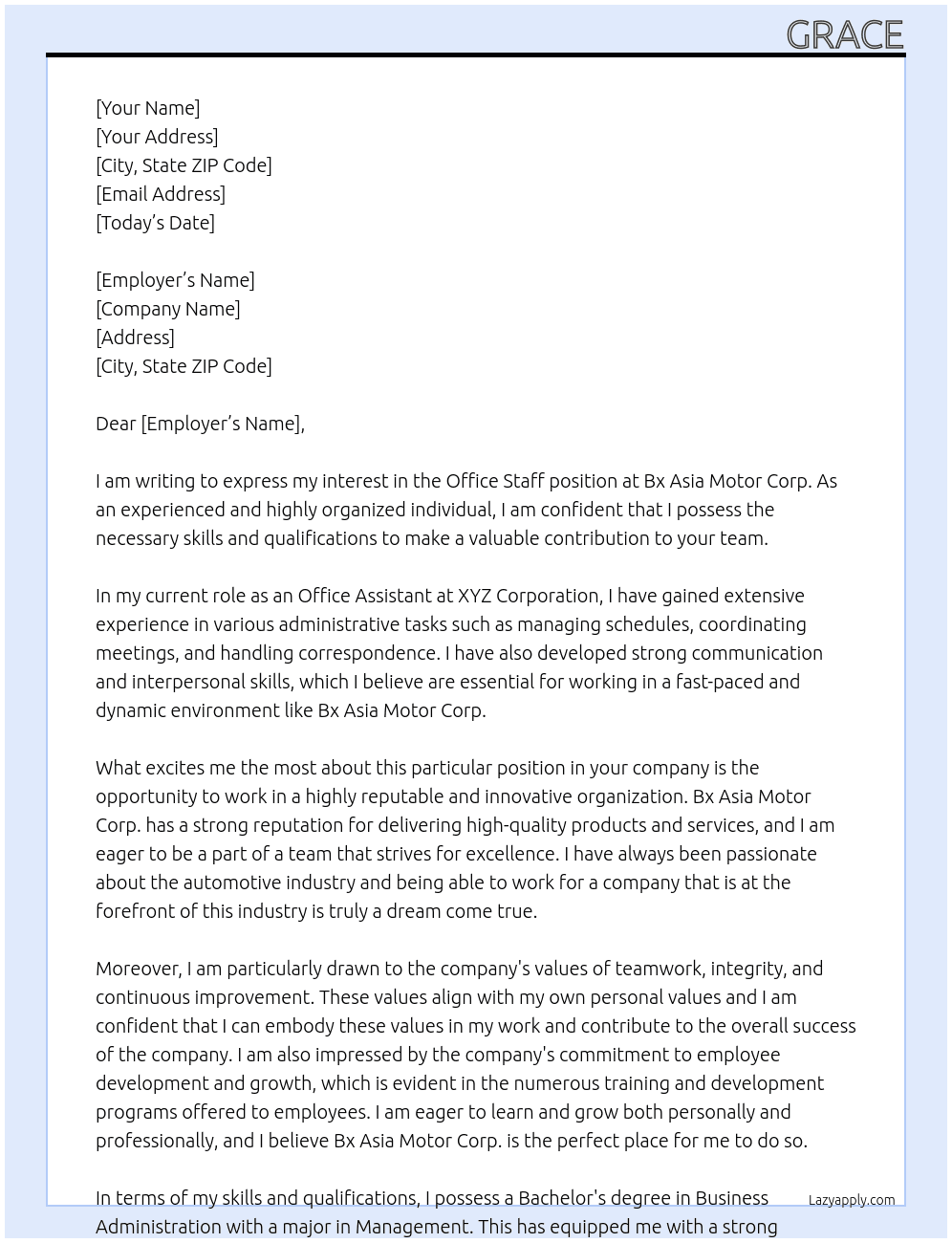 office staff At Bx Asia Motor Corp. Cover Letter