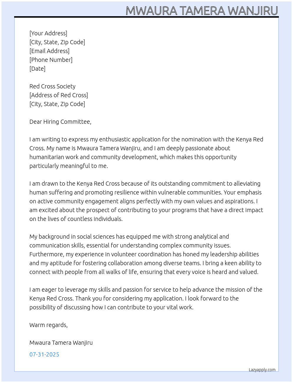 Cover letter for nonination of kenya red cross - LazyApply