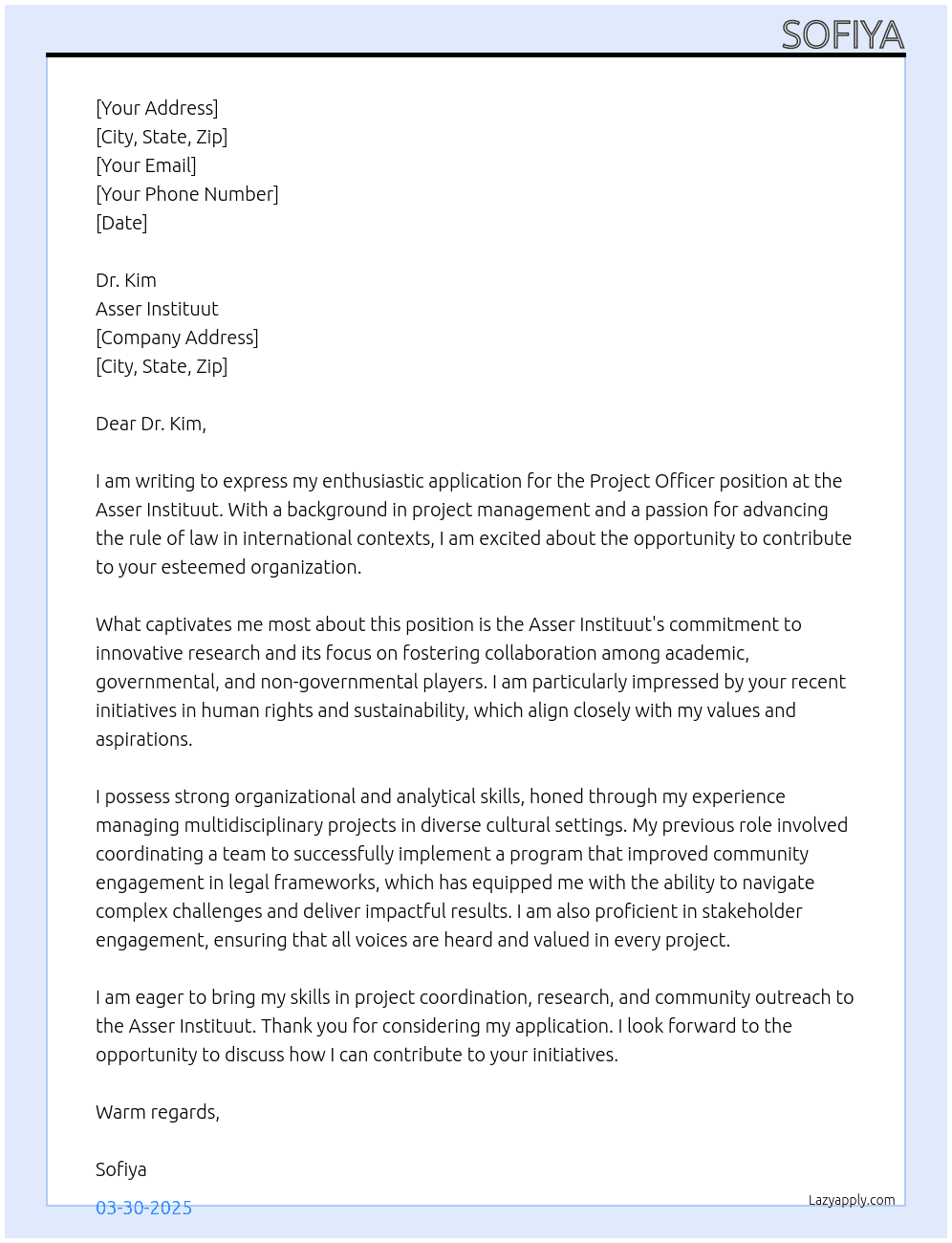 Project Officer At Asser Instituut Cover Letter