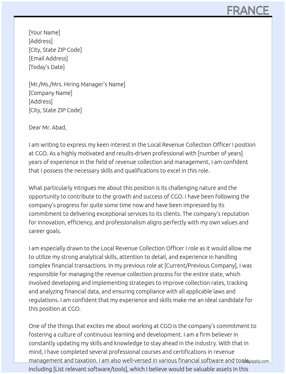 Local Revenue Collection Officer I At CGO Cover Letter