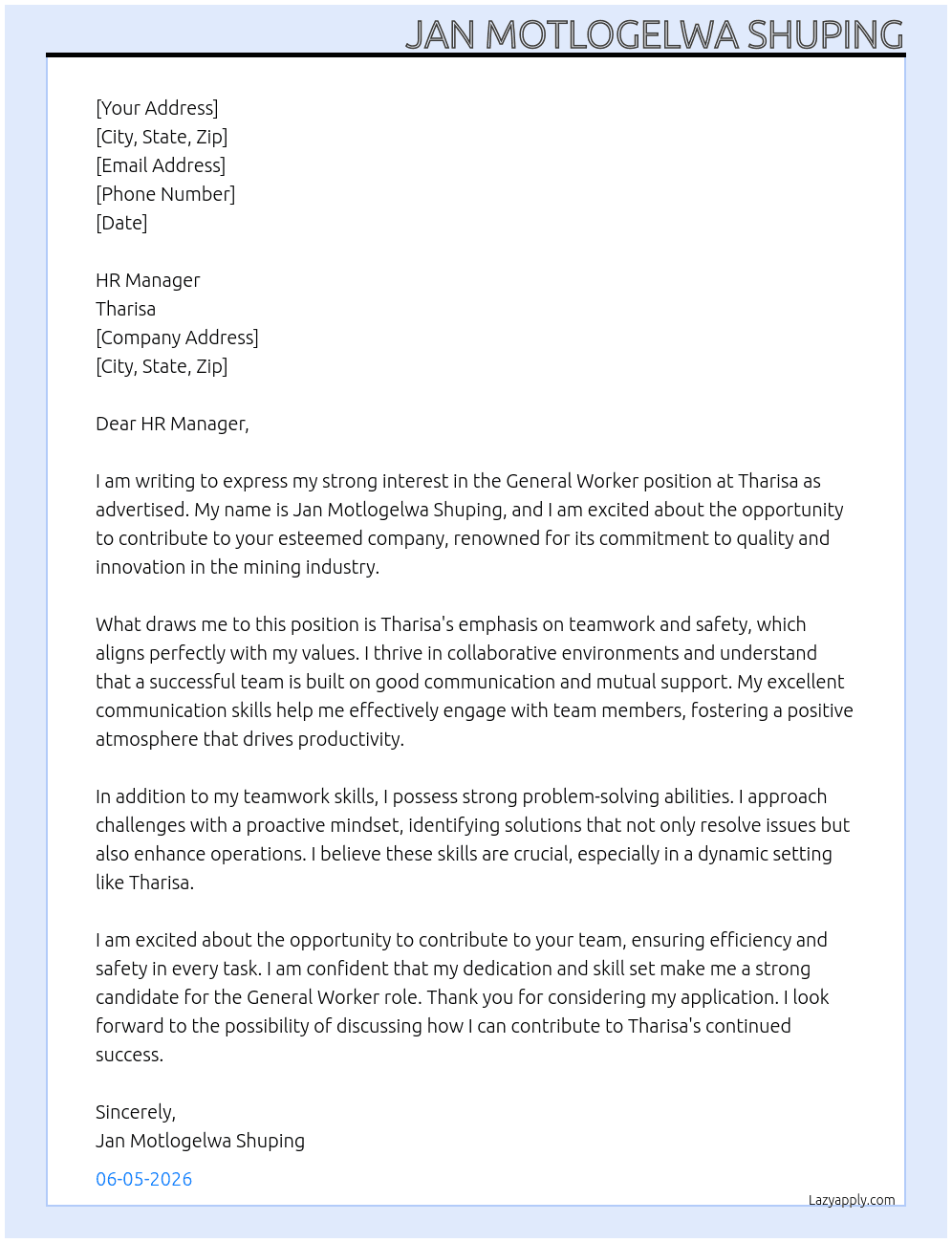 General worker At Tharisa Cover Letter