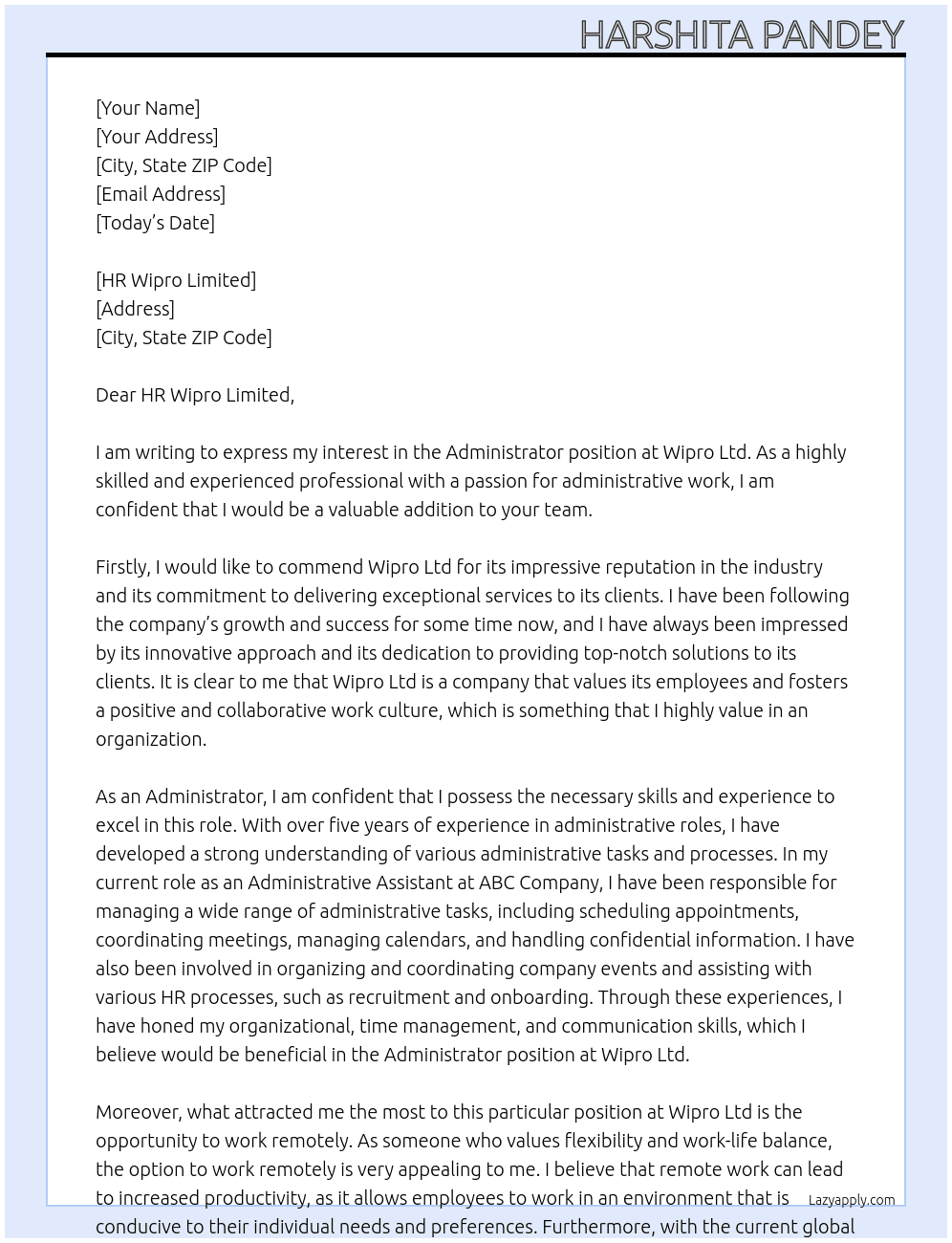 Administrator At Wipro Ltd Cover Letter