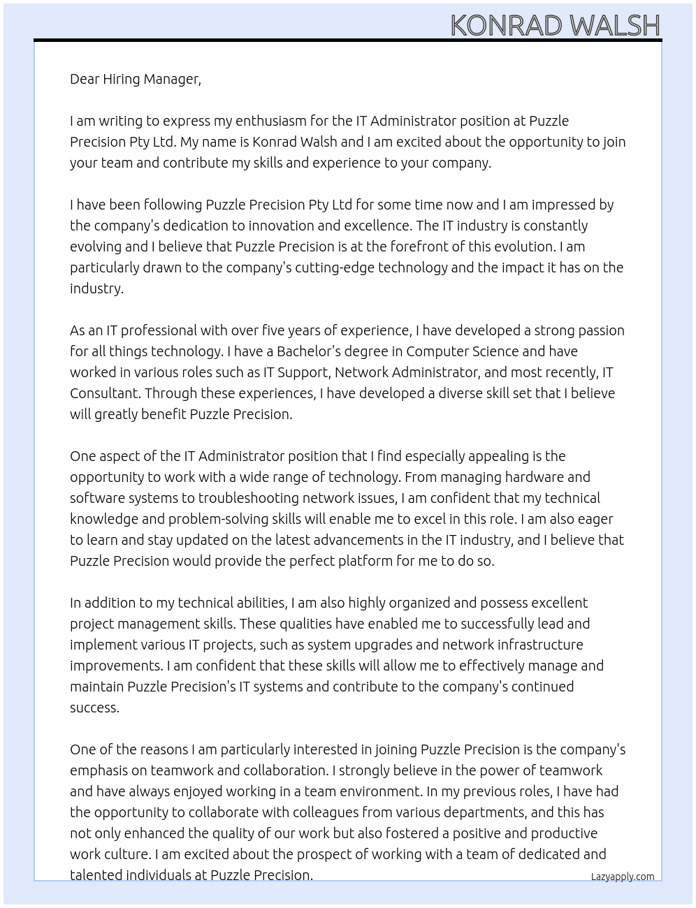 IT Administrator At Puzzle Precision Pty Ltd Cover Letter