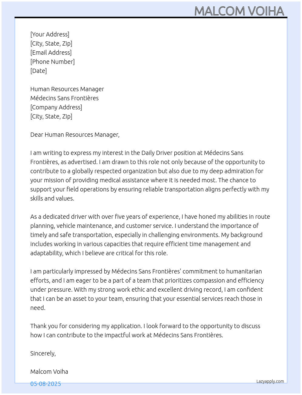 Cover letter for daily driver - LazyApply