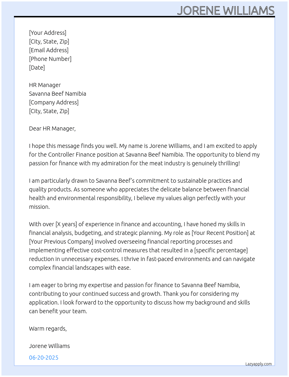 Controller Finance At savanna beef namibia Cover Letter