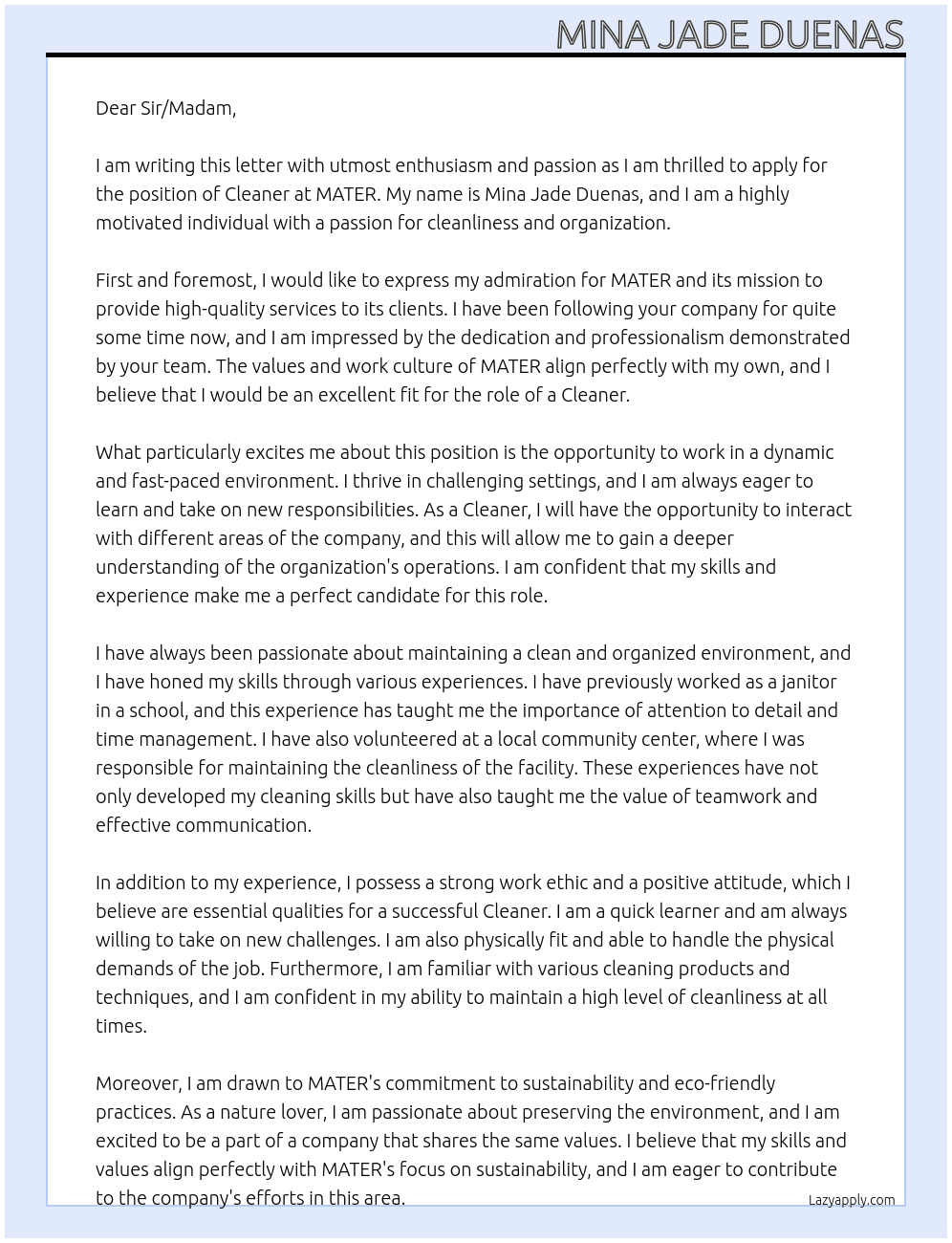 cleaner At MATER Cover Letter