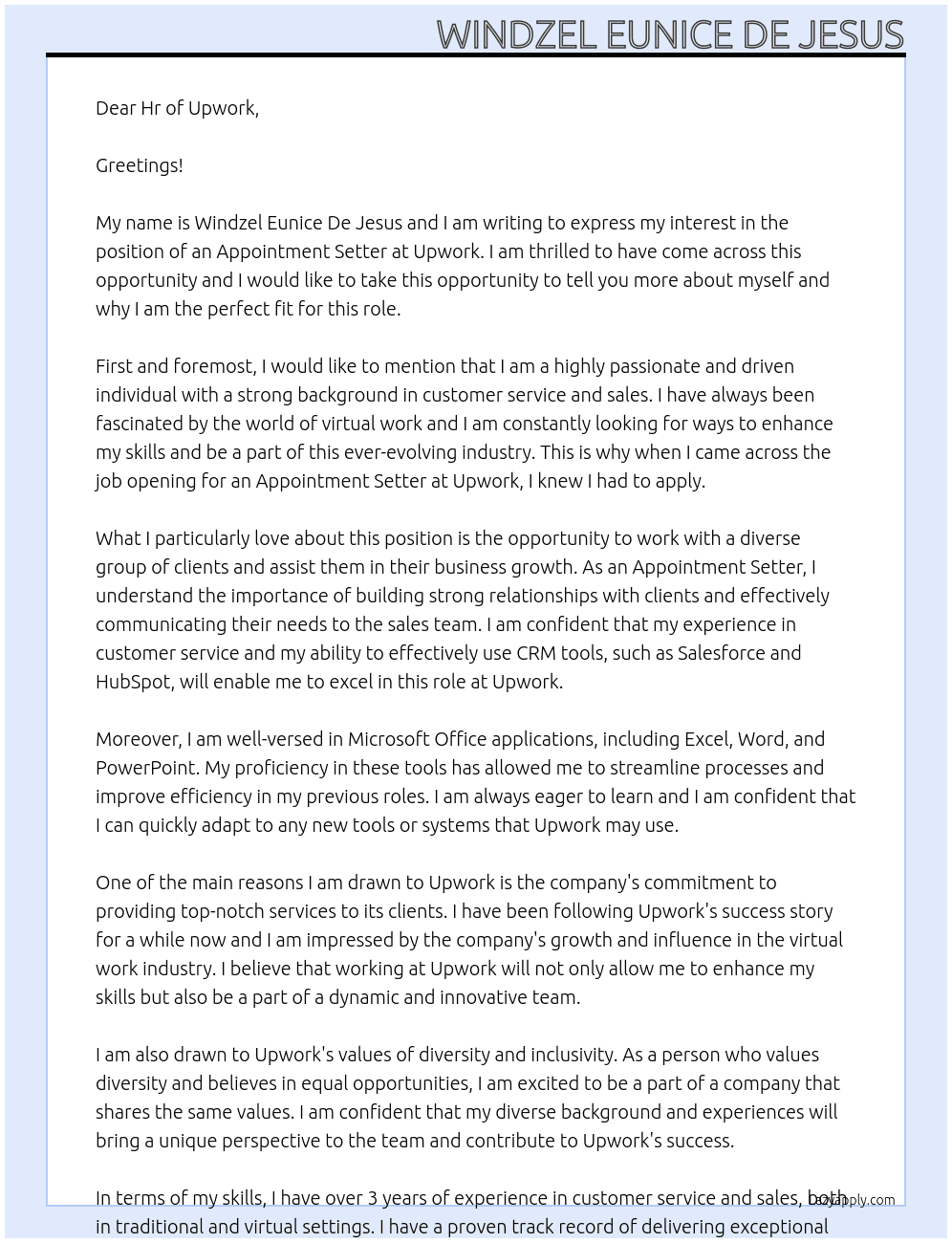 Appointment Setter At Upwork Cover Letter