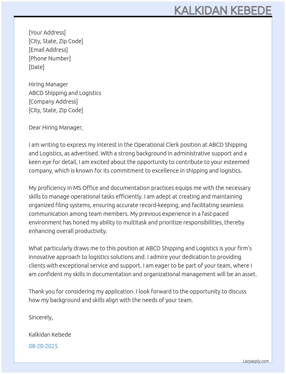 Operational clerk  At Abcd shipping and logistics  Cover Letter