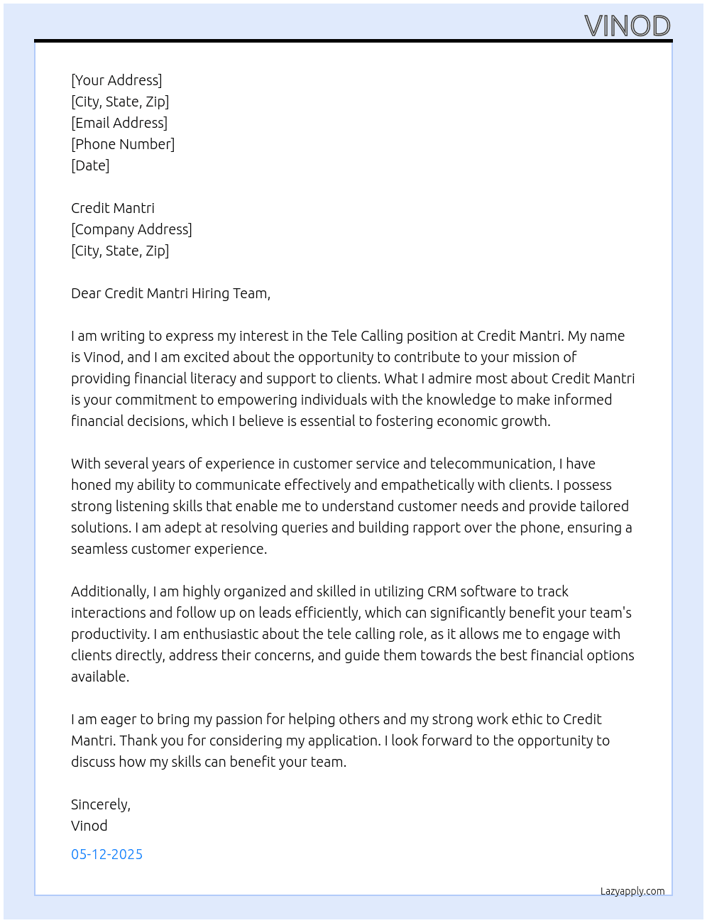 Tele calling  At Credit mantri  Cover Letter