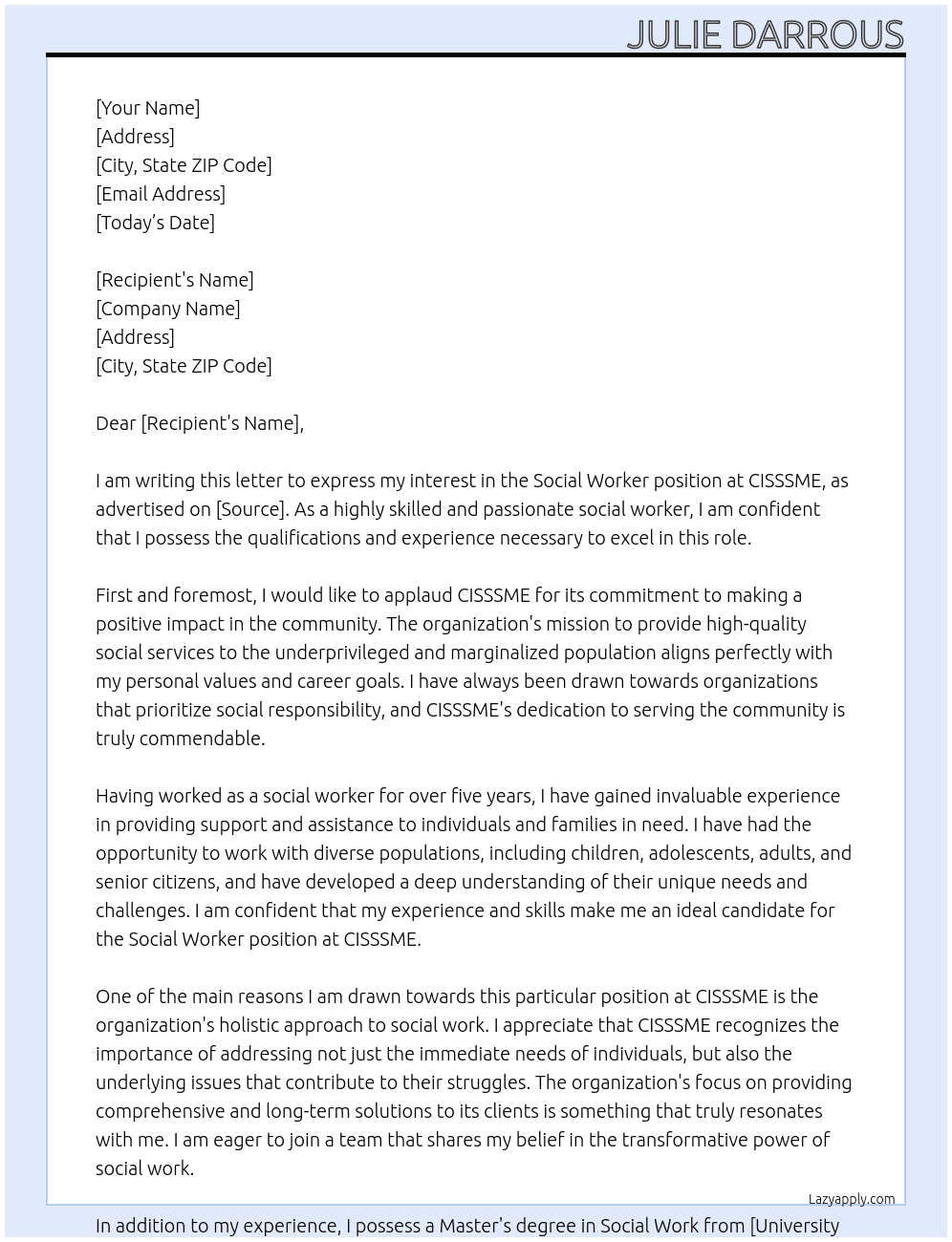 Social worker At CISSSME Cover Letter