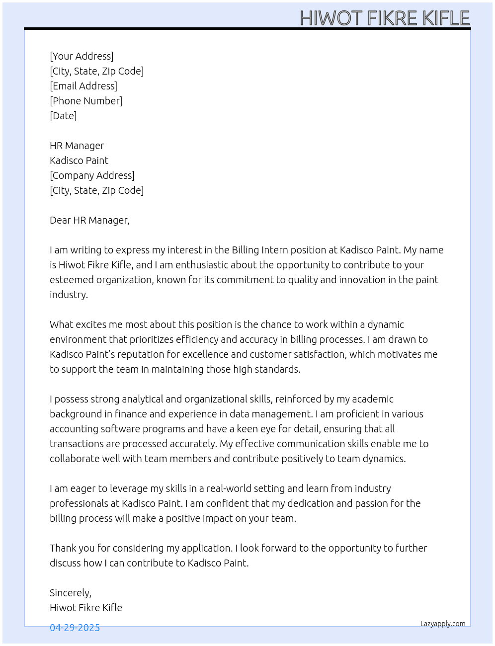 Billing intern At Kadisco paint Cover Letter