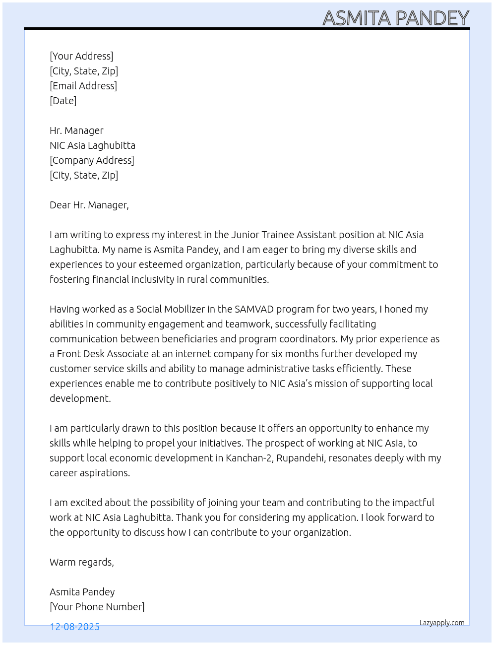 Junior trainee assitant At NIC asia laghubitta Cover Letter