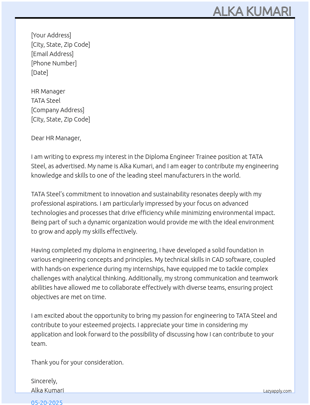 Diploma Engineer Trainee  At TATA steel  Cover Letter
