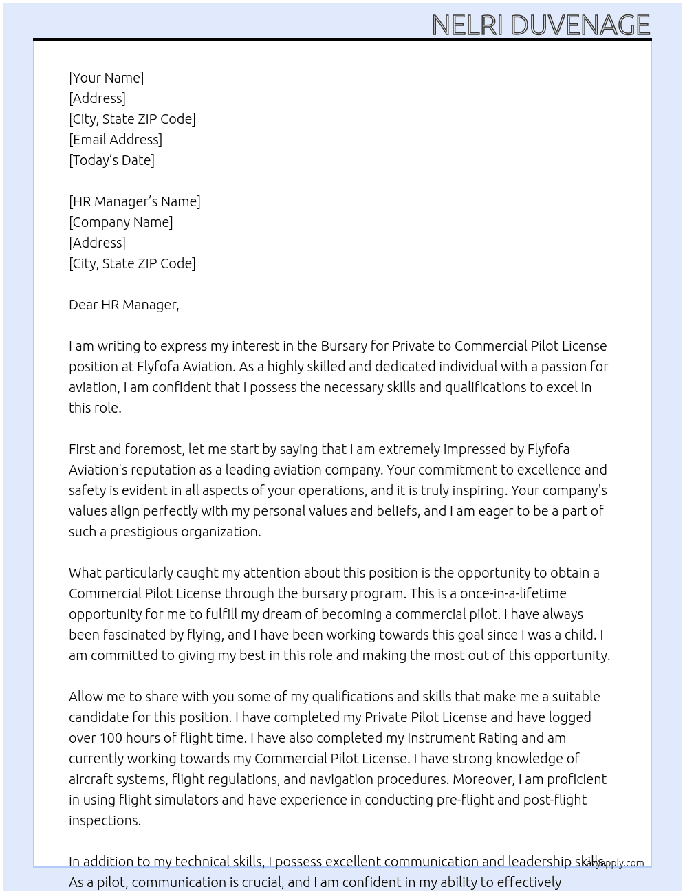 Bursary for Private to Commercial Pilot License At Flyfofa Aviation Cover Letter