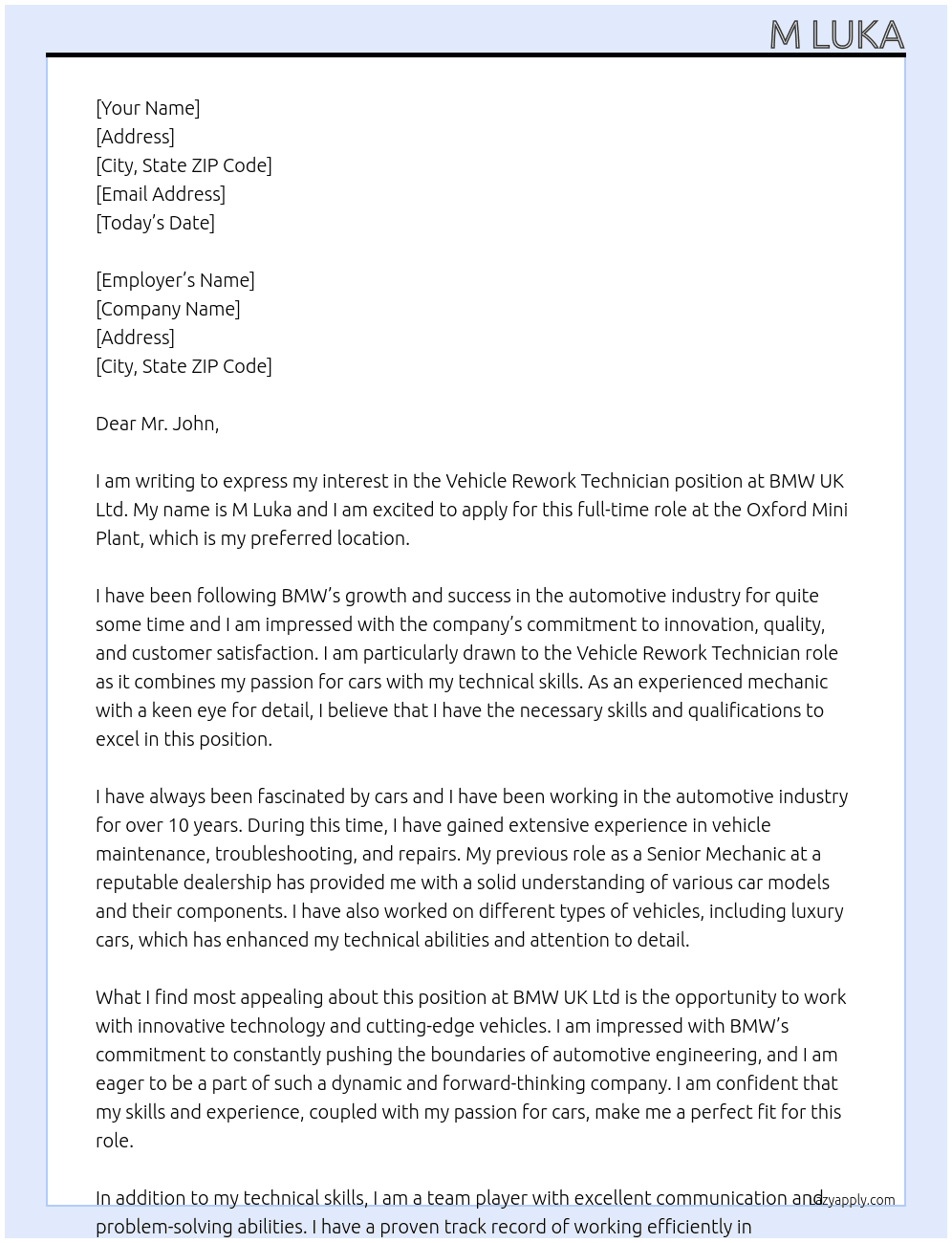 Cover letter for vehicle rework technician - LazyApply