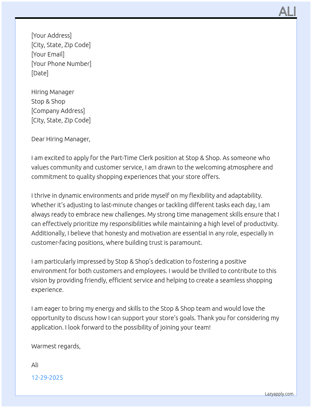 PT Clerk At Stop & Shop Cover Letter