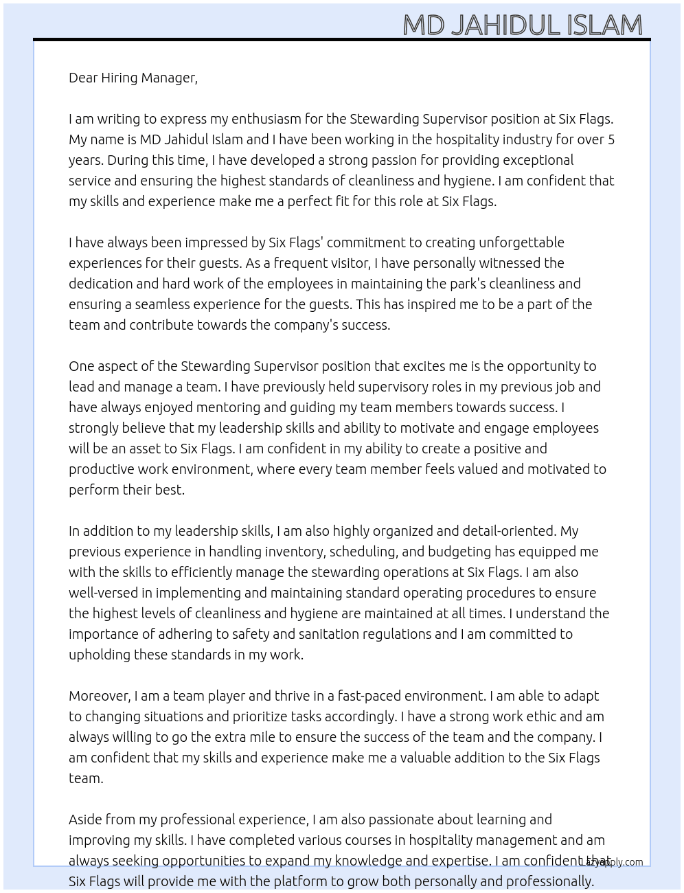 Stewarding Supervisor  At Six flags  Cover Letter