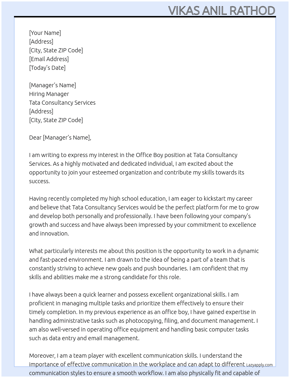 Office boy At Tata consultancy services  Cover Letter