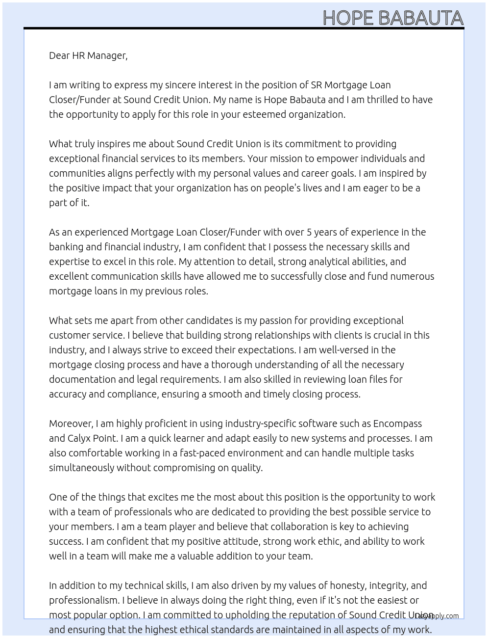 SR Mortgage Loan Closer/Funder At Sound Credit Union  Cover Letter